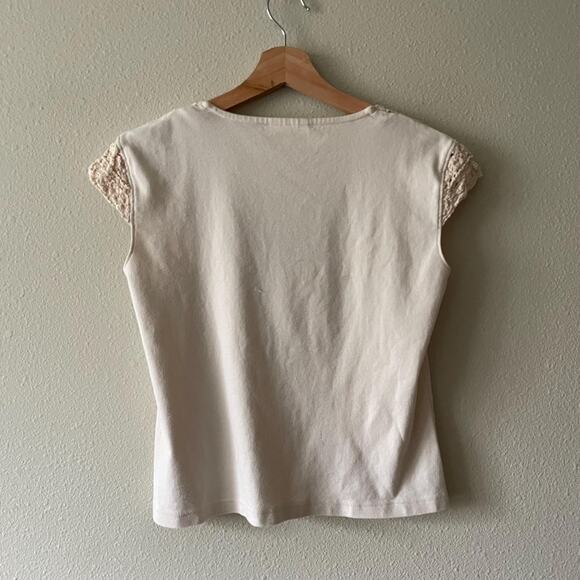 90s vintage cream cotton tshirt crochet details square neck | size M - Picture 6 of 6
